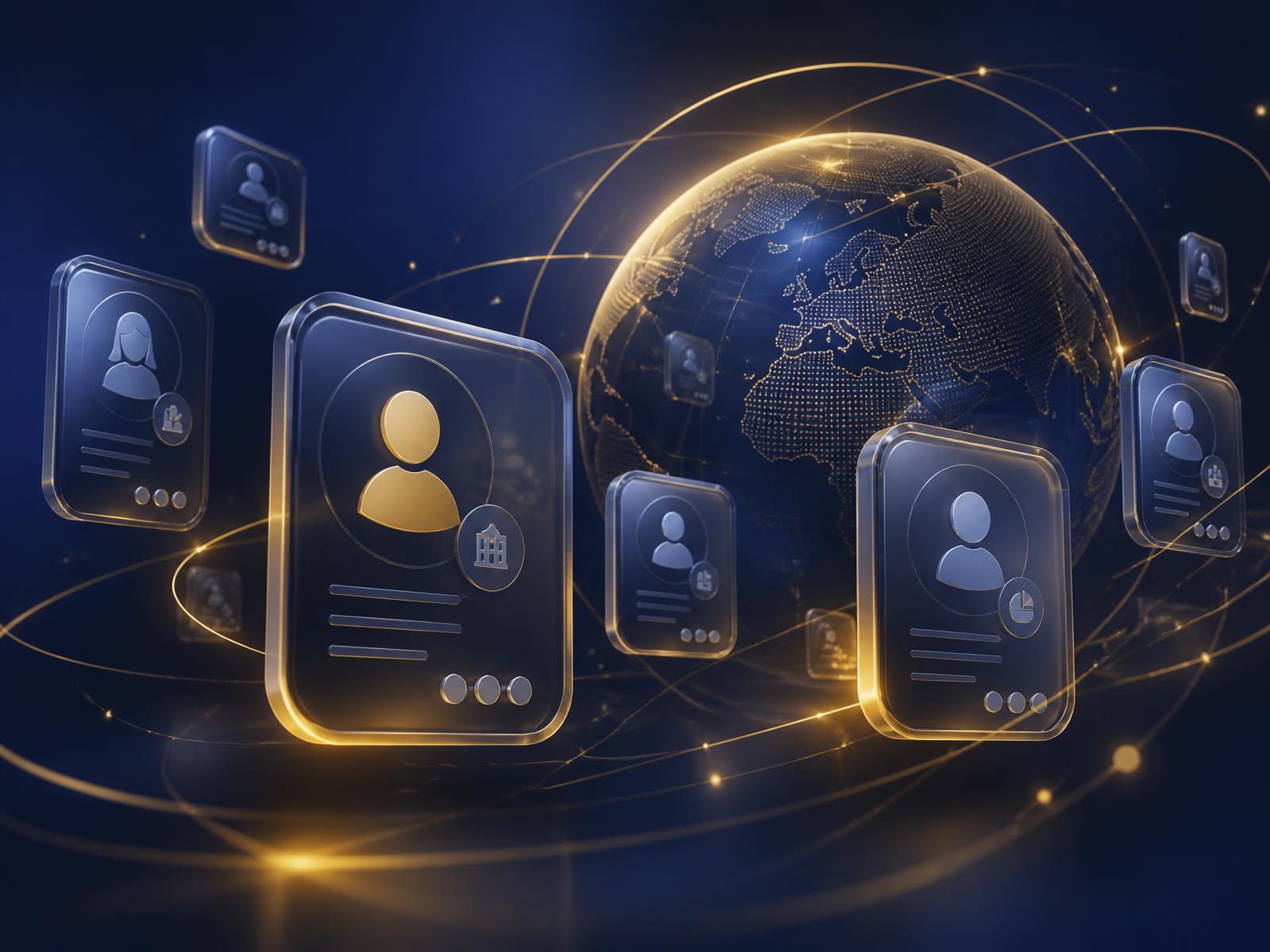 Illustration of business profile cards orbiting a connected globe on the BigHUB Market platform
